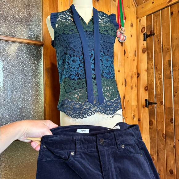 RW&CO xs haut blouse dentelle bleue et verte - Picture 3 of 6